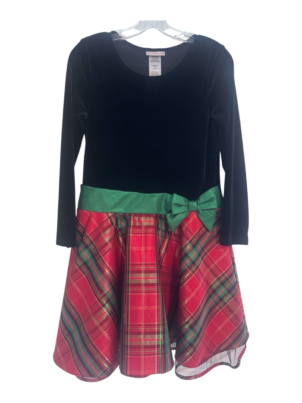 Bonnie Jean Girls Plus Size16 1/2 black Velvet Red Plaid Christmas Holiday Dress